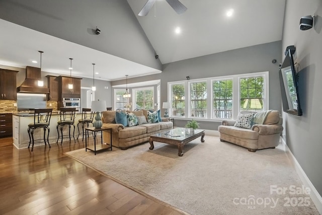 2501 Mt Isle Harbor Dr, Charlotte, NC 28214 - living room featuring baseboards, dark wood-style flooring, high vaulted ceiling, and ceiling fan