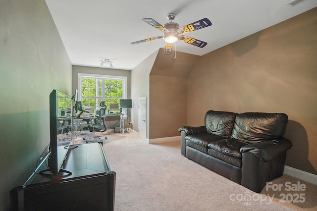 2501 Mt Isle Harbor Dr, Charlotte, NC 28214 - home office with ceiling fan, baseboards, lofted ceiling, and carpet flooring