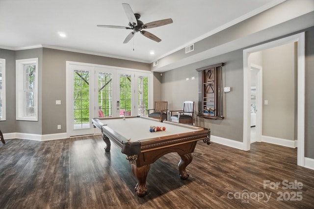 2501 Mt Isle Harbor Dr, Charlotte, NC 28214 - rec room featuring wood finished floors, visible vents, french doors, crown molding, and baseboards