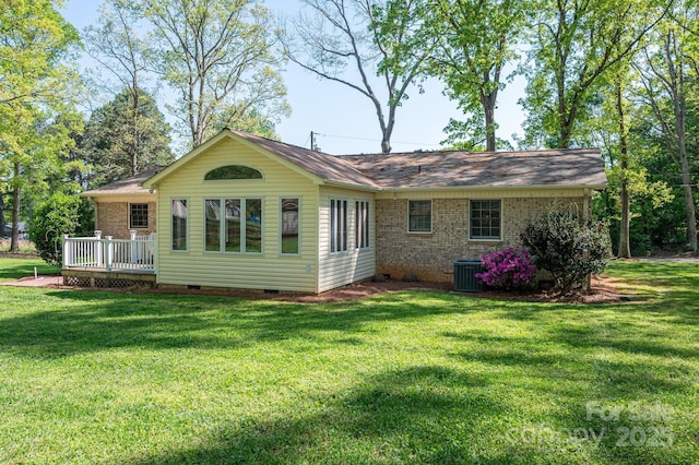 1 Horace Grigg Cir, Shelby, NC 28152 - rear view of property with a lawn, crawl space, cooling unit, brick siding, and a wooden deck