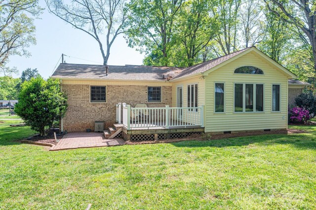 1 Horace Grigg Cir, Shelby, NC 28152 - back of property with a wooden deck, crawl space, a yard, a patio area, and brick siding
