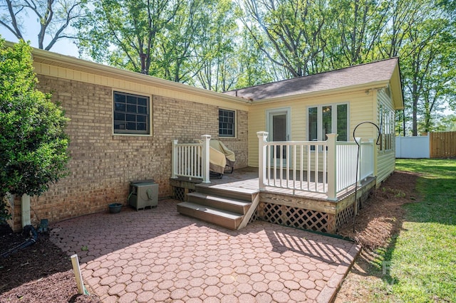 1 Horace Grigg Cir, Shelby, NC 28152 - rear view of house with a patio, brick siding, a deck, fence, and a shingled roof
