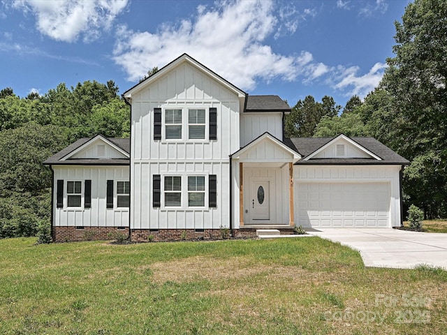 modern farmhouse style home featuring an attached garage, crawl space, a front lawn, board and batten siding, and concrete driveway