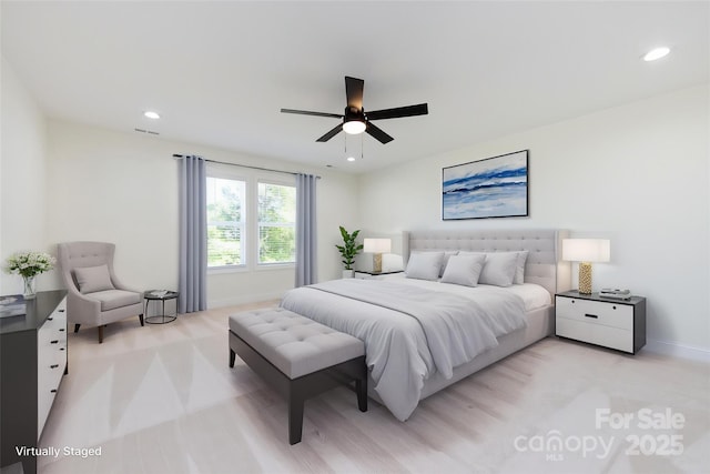 bedroom with recessed lighting, baseboards, ceiling fan, visible vents, and light colored carpet
