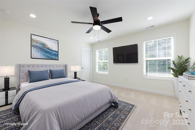 bedroom with carpet, baseboards, visible vents, and recessed lighting