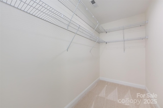 spacious closet with visible vents and light colored carpet