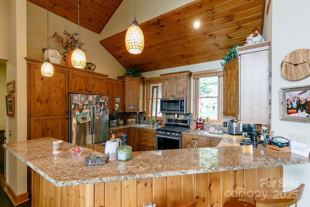 kitchen with a peninsula, wood ceiling, light stone counters, stainless steel appliances, and brown cabinets