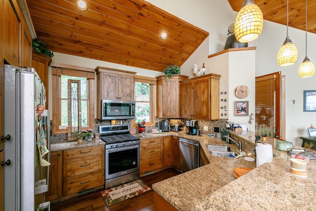 kitchen featuring a sink, wood ceiling, a peninsula, and stainless steel appliances