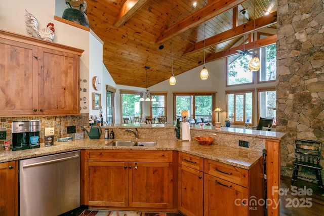 kitchen featuring stainless steel dishwasher, brown cabinetry, a peninsula, wood ceiling, and a sink