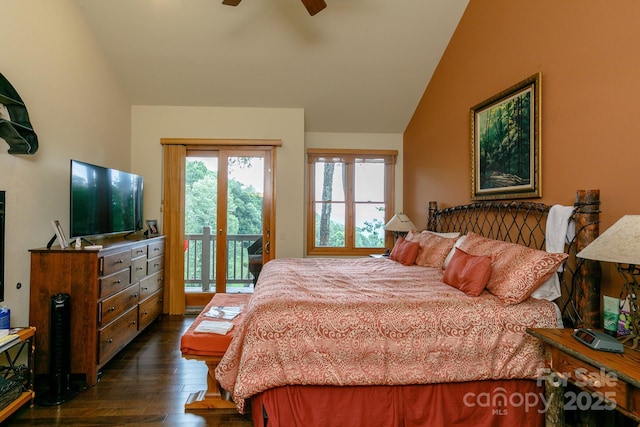 bedroom featuring ceiling fan, access to outside, vaulted ceiling, and dark wood finished floors