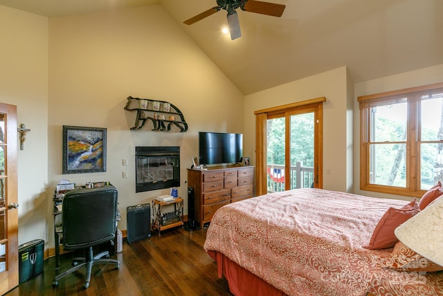 bedroom with access to outside, high vaulted ceiling, dark wood-style flooring, and a ceiling fan