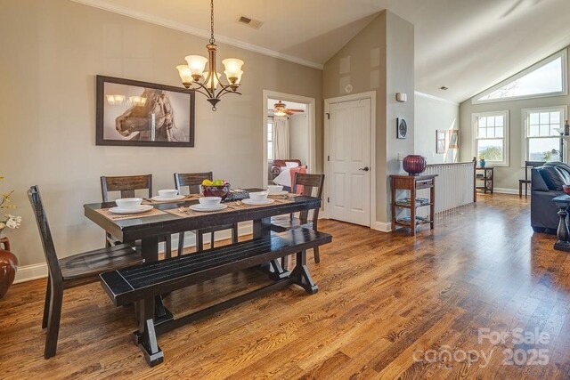 61 Buckle Rdg, Weaverville, NC 28787 - dining room with a chandelier, baseboards, high vaulted ceiling, wood finished floors, and ceiling fan