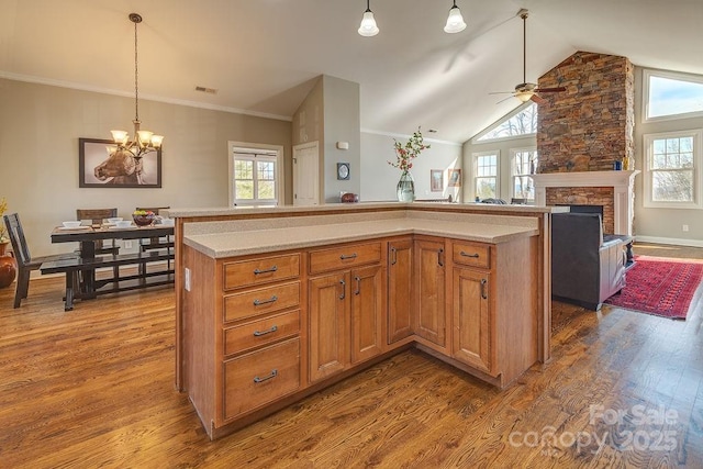 61 Buckle Rdg, Weaverville, NC 28787 - kitchen with ceiling fan, light countertops, vaulted ceiling, dark wood-style flooring, and open floor plan