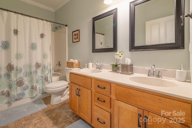 61 Buckle Rdg, Weaverville, NC 28787 - full bathroom with ornamental molding, shower / bath combination with curtain, toilet, double vanity, and tile patterned flooring