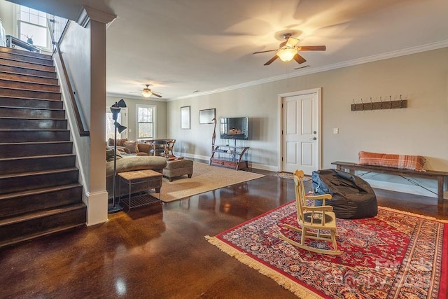 61 Buckle Rdg, Weaverville, NC 28787 - living room featuring ceiling fan, stairs, crown molding, and baseboards