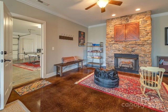 61 Buckle Rdg, Weaverville, NC 28787 - living room with ceiling fan, baseboards, ornamental molding, a fireplace, and recessed lighting