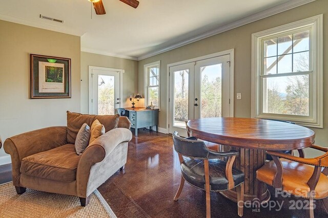 61 Buckle Rdg, Weaverville, NC 28787 - living area featuring french doors, plenty of natural light, a ceiling fan, crown molding, and baseboards