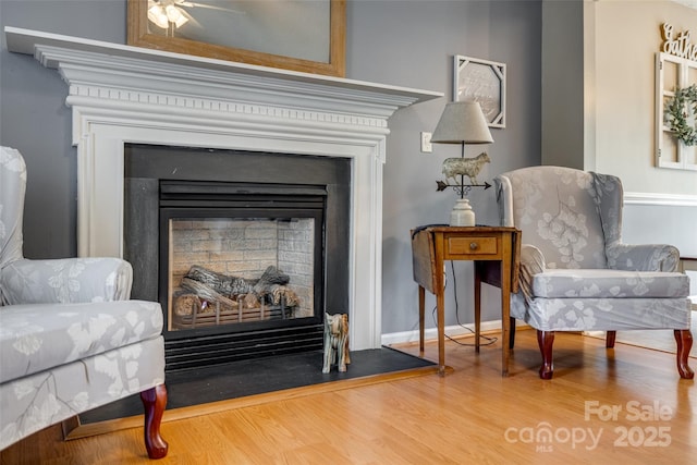 living area featuring wood finished floors, a fireplace, and ceiling fan