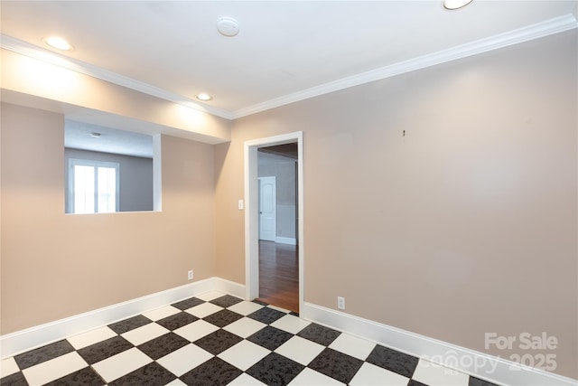 empty room with recessed lighting, baseboards, crown molding, and light flooring