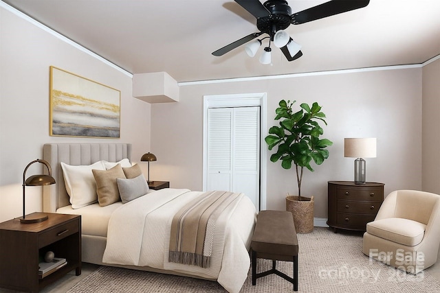 539 Marsh Rd, Charlotte, NC 28209 - bedroom with a closet, light carpet, a ceiling fan, ornamental molding, and baseboard heating
