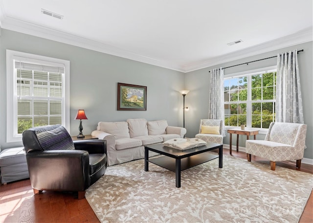 14220 Stewarts Bend Ln, Charlotte, NC 28277 - living area featuring visible vents, ornamental molding, and wood finished floors