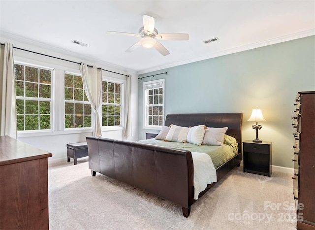 14220 Stewarts Bend Ln, Charlotte, NC 28277 - bedroom featuring baseboards, ornamental molding, light colored carpet, and visible vents