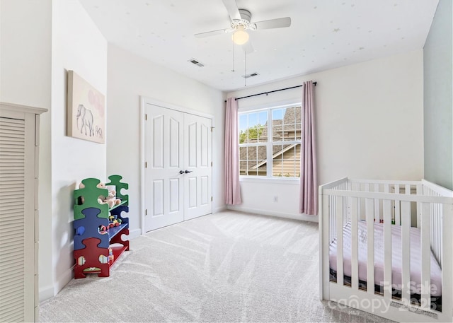 14220 Stewarts Bend Ln, Charlotte, NC 28277 - carpeted bedroom featuring baseboards, a ceiling fan, a closet, and visible vents
