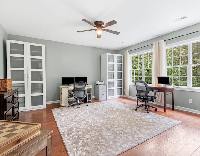 14220 Stewarts Bend Ln, Charlotte, NC 28277 - office space with baseboards, a ceiling fan, wood finished floors, and visible vents