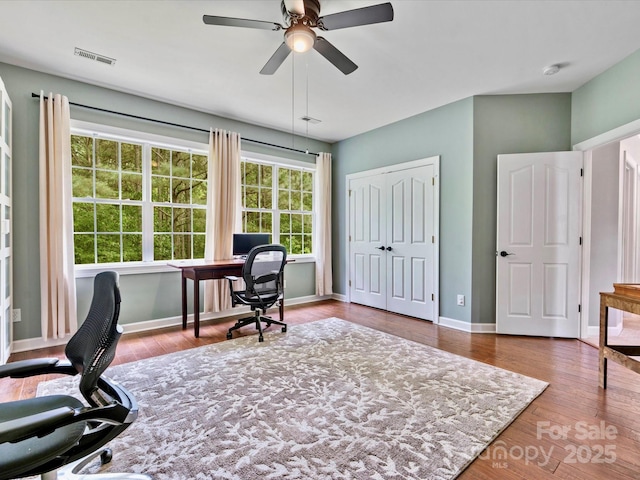 14220 Stewarts Bend Ln, Charlotte, NC 28277 - home office featuring visible vents, baseboards, ceiling fan, and wood finished floors