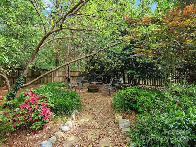 14220 Stewarts Bend Ln, Charlotte, NC 28277 - view of yard with a fenced backyard and an outdoor fire pit