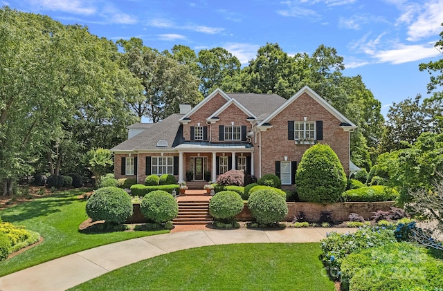 17040 Jetton Rd, Cornelius, NC 28031 - view of front of property with a front yard, brick siding, a porch, and stairway