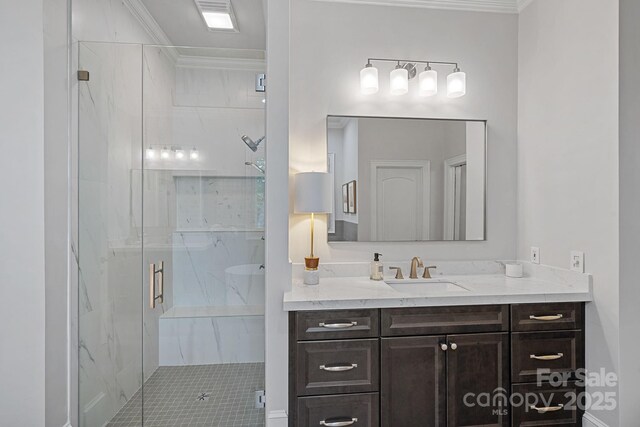 17040 Jetton Rd, Cornelius, NC 28031 - bathroom with ornamental molding, vanity, and a marble finish shower