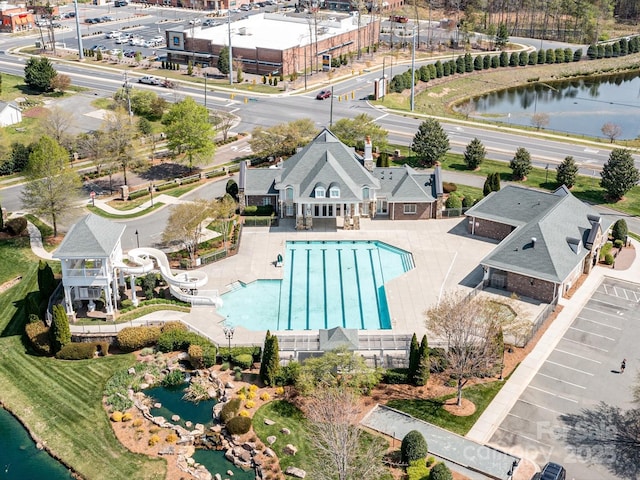 drone / aerial view featuring a water view
