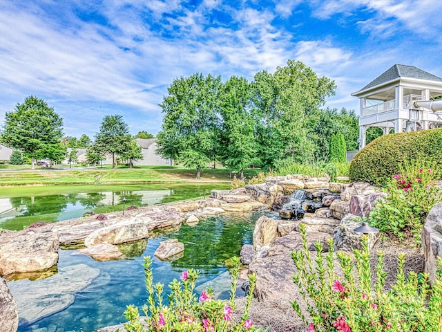 view of yard with a garden pond