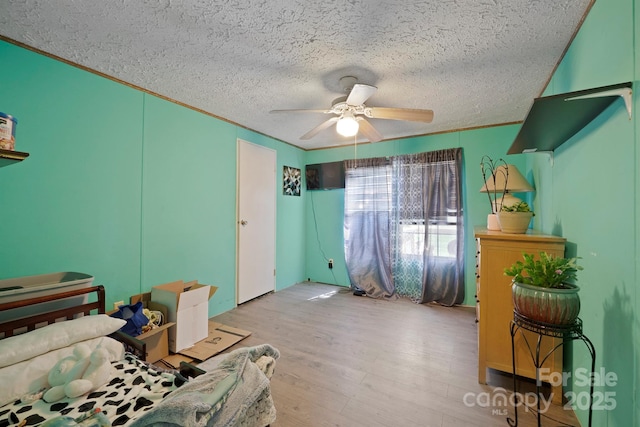 6282 Lor Rd, Morganton, NC 28655 - bedroom featuring light wood-type flooring, a textured ceiling, crown molding, and ceiling fan