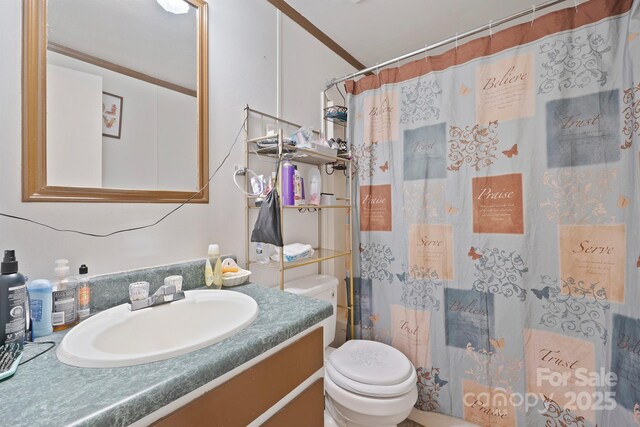 6282 Lor Rd, Morganton, NC 28655 - bathroom with toilet, crown molding, vanity, and curtained shower