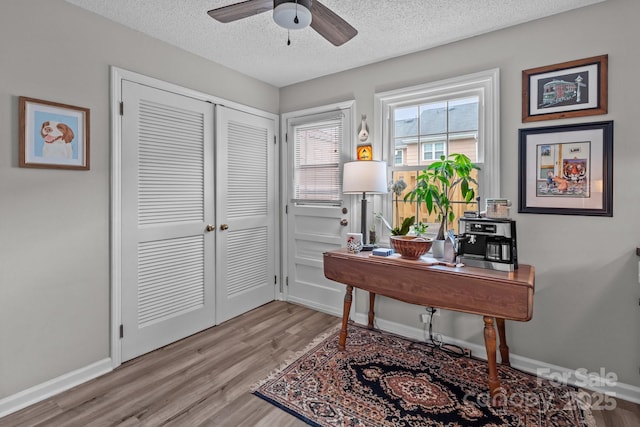 office space featuring light wood-style flooring, a ceiling fan, baseboards, and a textured ceiling