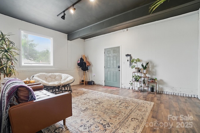 living room featuring track lighting and wood finished floors