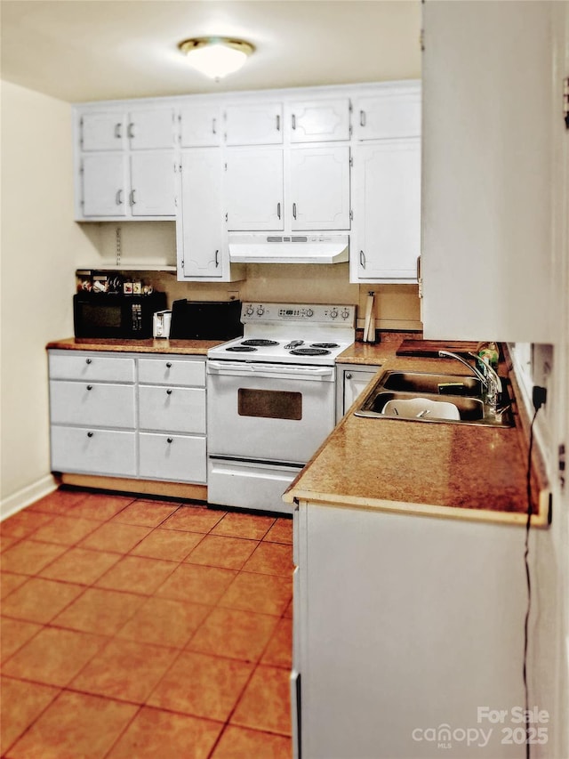 kitchen with a sink, white electric stove, white cabinetry, and under cabinet range hood