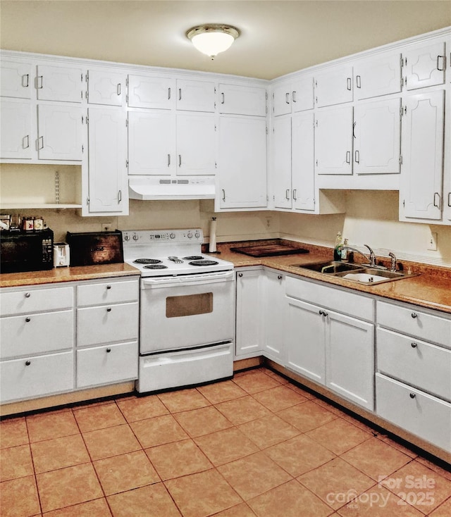 kitchen with a sink, white range with electric cooktop, under cabinet range hood, and white cabinetry