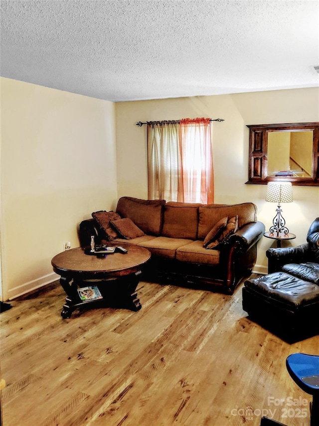 living room featuring a textured ceiling and wood finished floors