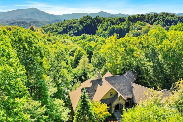 bird's eye view featuring a mountain view and a view of trees