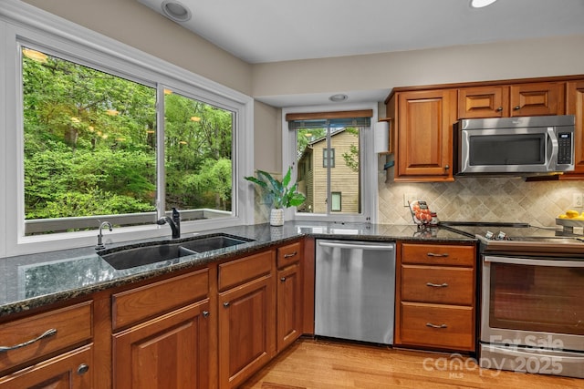 kitchen with a sink, dark stone countertops, decorative backsplash, and stainless steel appliances