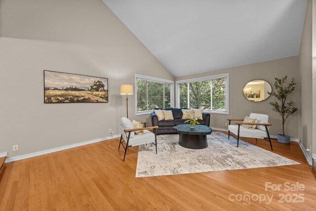 living area featuring baseboards, high vaulted ceiling, and wood finished floors