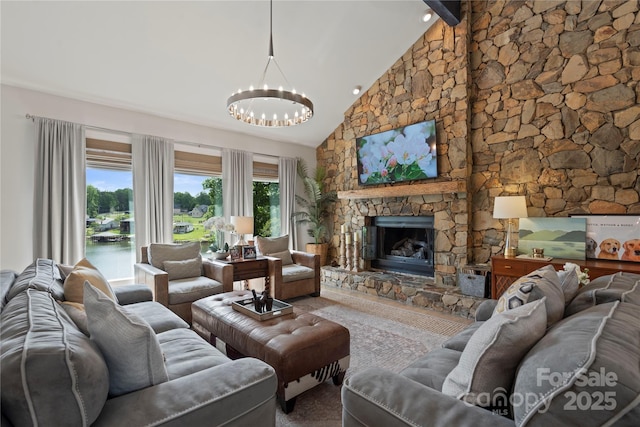 4039 5th St NW, Hickory, NC 28601 - carpeted living room with a chandelier, a fireplace, high vaulted ceiling, and beam ceiling