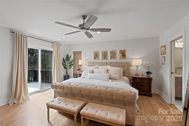 4039 5th St NW, Hickory, NC 28601 - bedroom with access to exterior, light wood finished floors, baseboards, connected bathroom, and ceiling fan