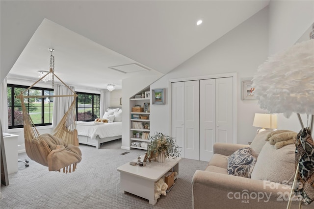4039 5th St NW, Hickory, NC 28601 - carpeted living room featuring high vaulted ceiling and recessed lighting