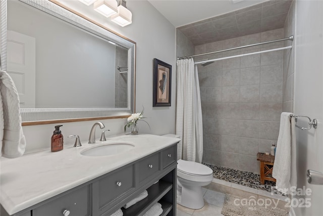 4039 5th St NW, Hickory, NC 28601 - bathroom featuring vanity, toilet, a tile shower, and tile patterned floors