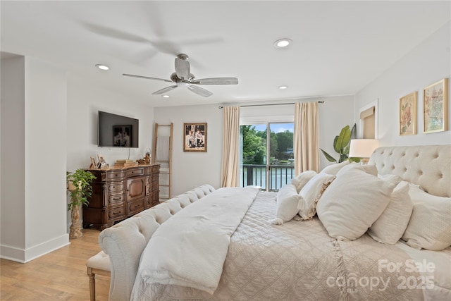 4039 5th St NW, Hickory, NC 28601 - bedroom featuring access to exterior, light wood-type flooring, recessed lighting, baseboards, and a ceiling fan