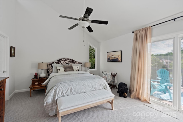 4039 5th St NW, Hickory, NC 28601 - bedroom featuring lofted ceiling, light colored carpet, ceiling fan, baseboards, and access to outside